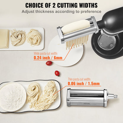 Pastatillbehör till KitchenAid köksmaskin, pastavalsar i rostfritt stål inklusive pastavals, spaghetti- och fettuccineskärare, pastamaskin med 8 justerbara tjockleksknoppar, 3 delar