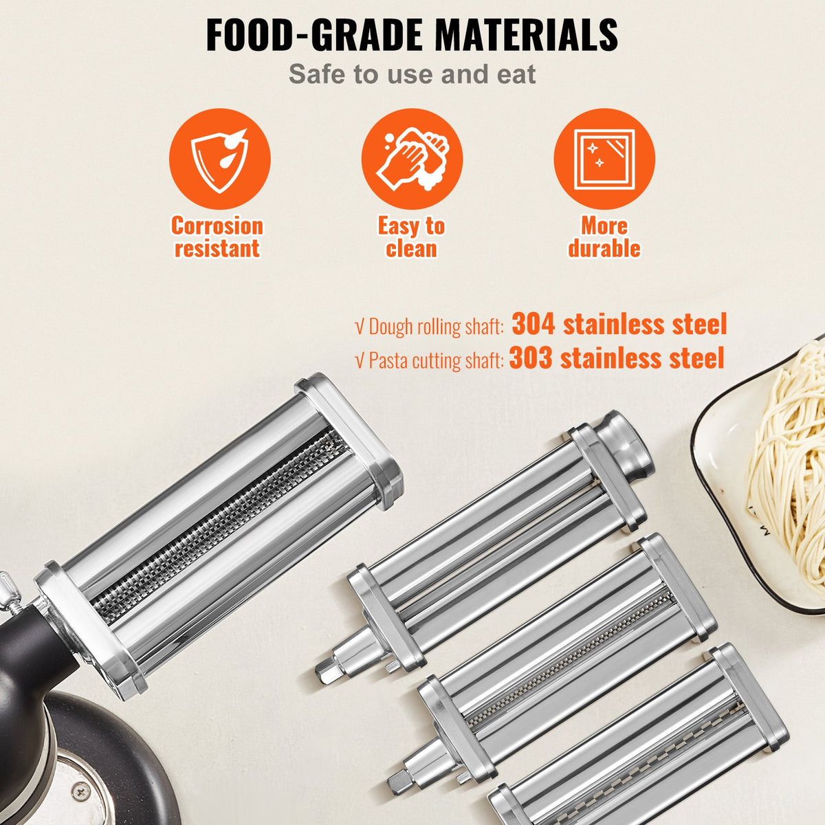 Pastatillbehör till KitchenAid köksmaskin, pastavalsar i rostfritt stål inklusive pastavals, spaghetti- och fettuccineskärare, pastamaskin med 8 justerbara tjockleksknoppar, 3 delar