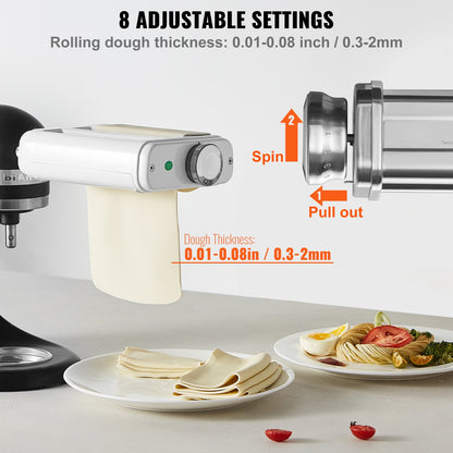 Pastatillbehör för KitchenAid köksmaskin, 3-i-1 pastarullskärset i rostfritt stål inklusive pastarulle, spaghetti- och fettuccineskärare, 8 justerbara tjockleksknoppar för pastamaskin