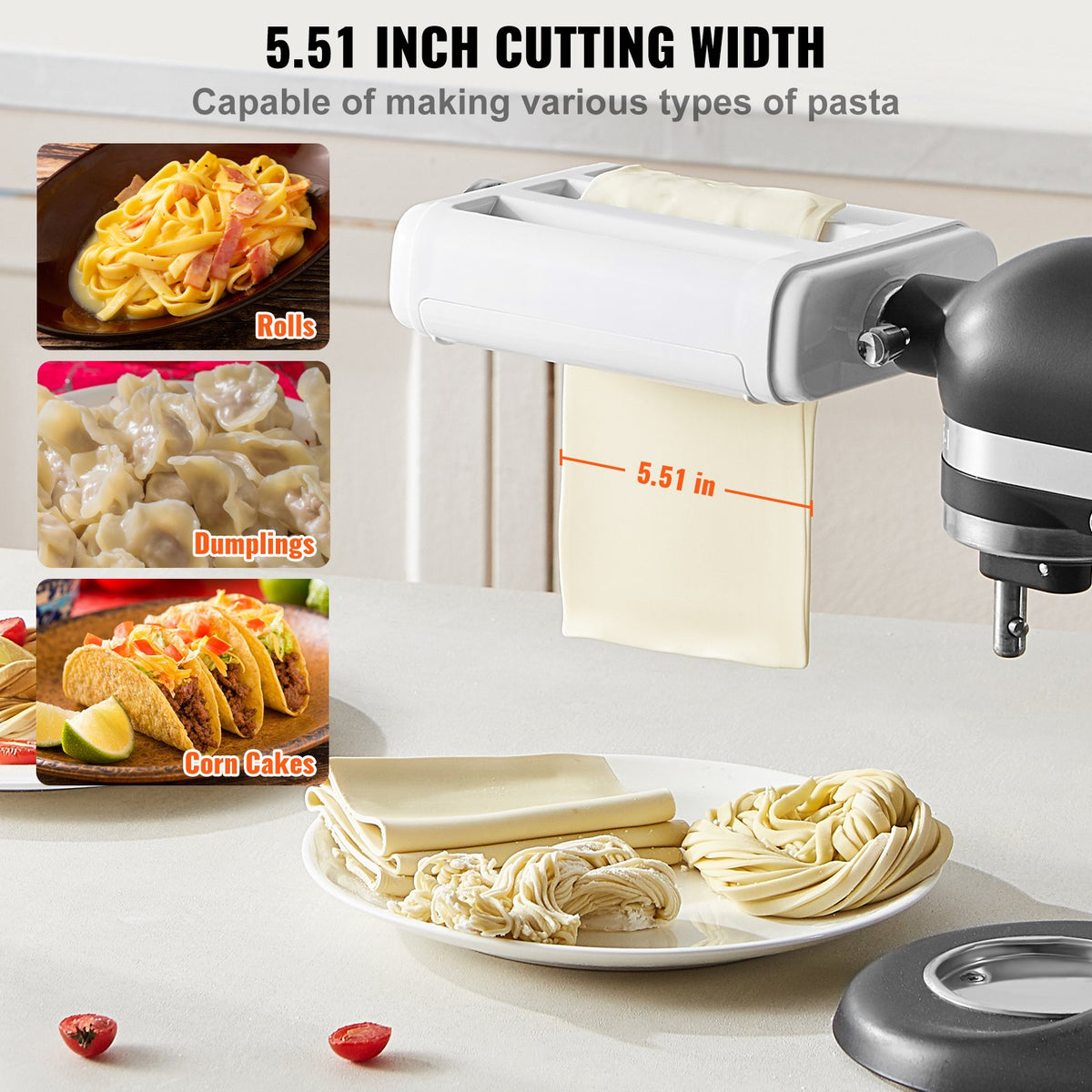 Pastatillbehör för KitchenAid köksmaskin, 3-i-1 pastarullskärset i rostfritt stål inklusive pastarulle, spaghetti- och fettuccineskärare, 8 justerbara tjockleksknoppar för pastamaskin
