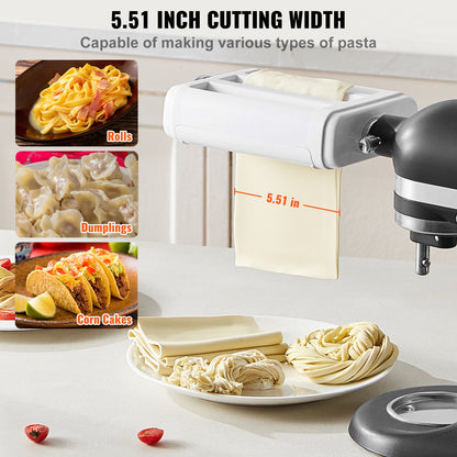 Pastatillbehör för KitchenAid köksmaskin, 3-i-1 pastarullskärset i rostfritt stål inklusive pastarulle, spaghetti- och fettuccineskärare, 8 justerbara tjockleksknoppar för pastamaskin