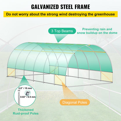 Walk-in Tunnel Greenhouse, 609.6 x 304.8 x 213.4 cm Portable Plant Hot House w/ Galvanized Steel Hoops, 3 Top Beams, 4 Diagonal Poles, 2 Zippered Doors & 12 Roll-up Windows, Green