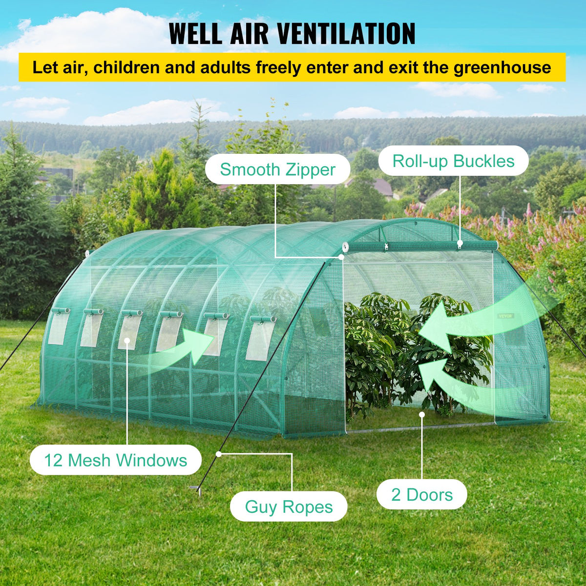 Walk-in Tunnel Greenhouse, 609.6 x 304.8 x 213.4 cm Portable Plant Hot House w/ Galvanized Steel Hoops, 3 Top Beams, 4 Diagonal Poles, 2 Zippered Doors & 12 Roll-up Windows, Green