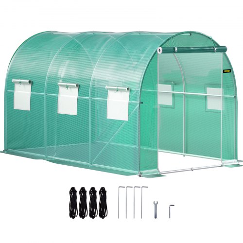 Tunnelväxthus med gångavstånd, 3,6 x 2 x 2 m/12 x 7 x 7 fot, portabelt växthus med galvaniserade stålringar, 1 toppbalk, 2 diagonala stänger, 2 dörrar med dragkedja och 6 rullfönster, grönt