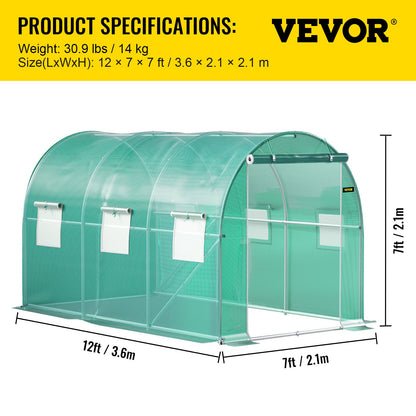 Tunnelväxthus med gångavstånd, 3,6 x 2 x 2 m/12 x 7 x 7 fot, portabelt växthus med galvaniserade stålringar, 1 toppbalk, 2 diagonala stänger, 2 dörrar med dragkedja och 6 rullfönster, grönt
