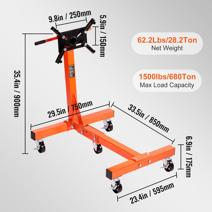 Engine Stand, 1500 lbs (3/4 Ton) Rotating Engine Motor Stand with 360 Degree Adjustable Head, Cast Iron Folding Motor Hoist Dolly, 5-Caster, 4 Adjustable Arms, for Vehicle Maintenance