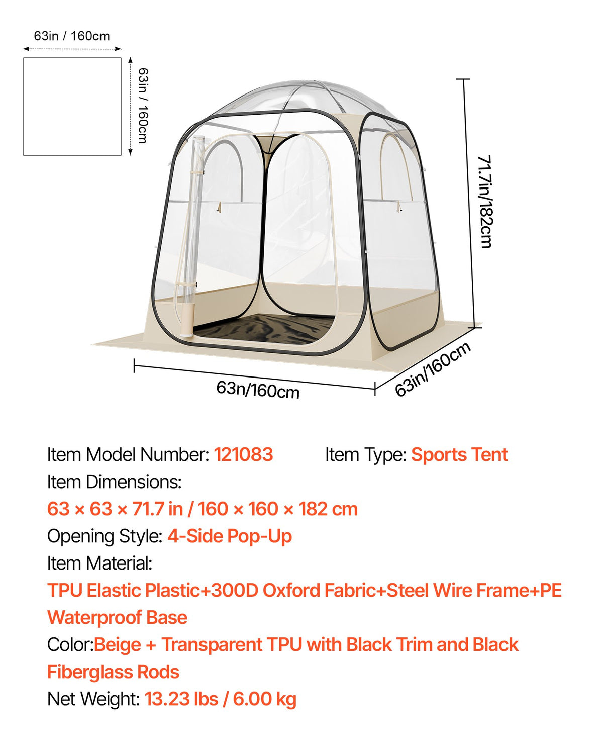 Pop up Sports Tent, 1.6x1.6 m Clear Bubble Tent for 2-4 Persons, Waterproof Outdoor Pod with Floor Mat & Top Cover, Garden Igloo Dome Tents Camping Shelter for Events Fishing Cheering