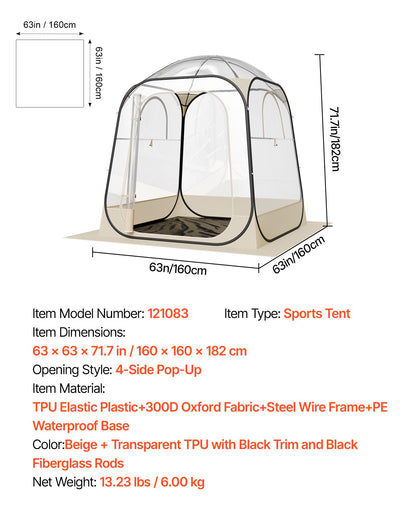 Pop up Sports Tent, 1.6x1.6 m Clear Bubble Tent for 2-4 Persons, Waterproof Outdoor Pod with Floor Mat & Top Cover, Garden Igloo Dome Tents Camping Shelter for Events Fishing Cheering