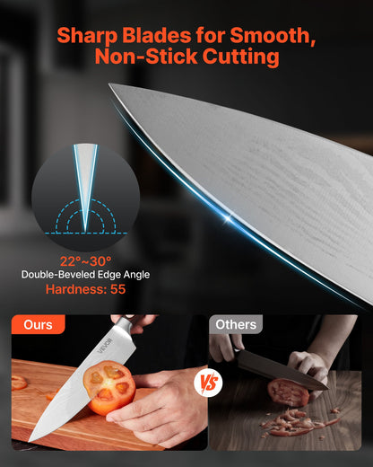 Kitchen Knife Set with Block and Sharpener, 15 Piece High Carbon Stainless Steel Knife Set, Rust-Resistant Kitchen Cutlery with Ergonomic Handle, Sharpening Rod & Premium Wooden Block, for Home