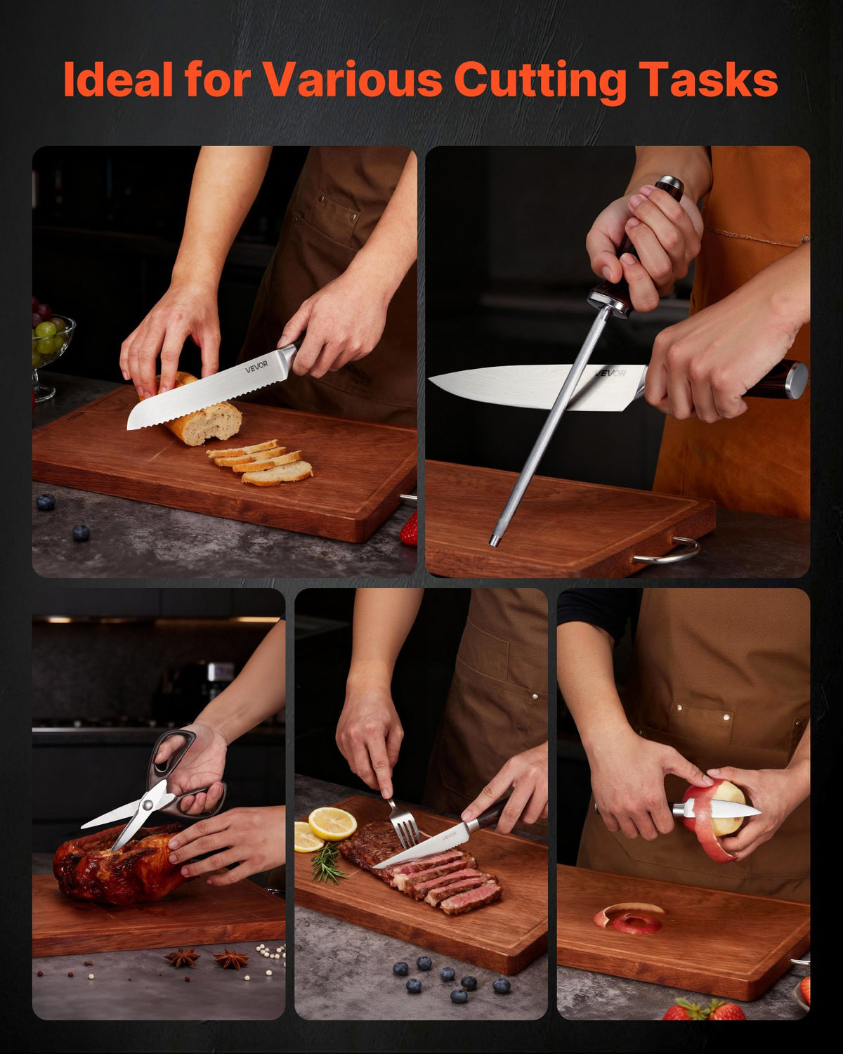 Kitchen Knife Set with Block and Sharpener, 15 Piece High Carbon Stainless Steel Knife Set, Rust-Resistant Kitchen Cutlery with Ergonomic Handle, Sharpening Rod & Premium Wooden Block, for Home