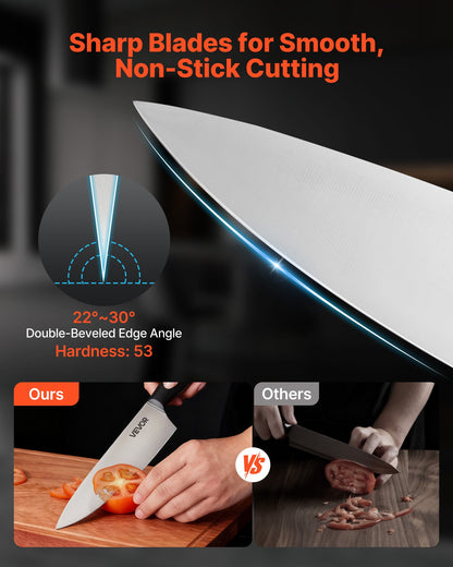 Kitchen Knife Set with Block and Sharpener, 15 Piece High Carbon Stainless Steel Sharp Knife Set, Kitchen Cutlery with Ergonomic Handle, Sharpening Rod and Premium Wooden Block, for Home Cooks