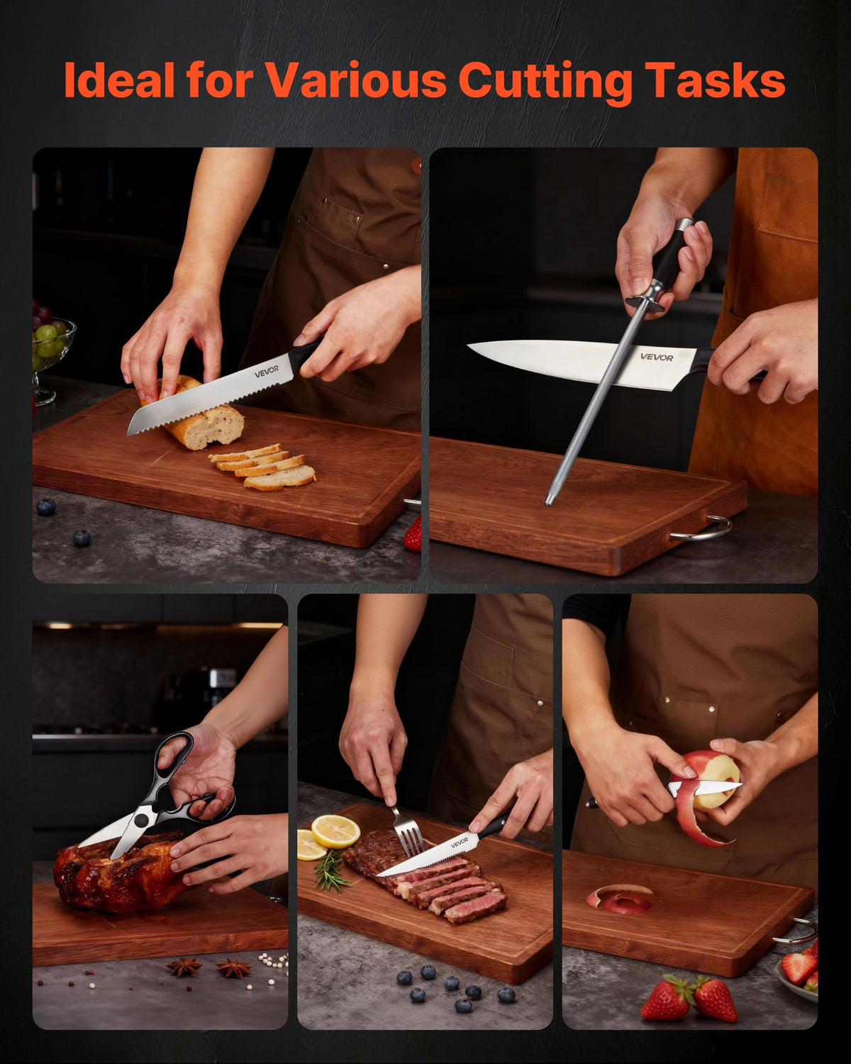 Kitchen Knife Set with Block and Sharpener, 15 Piece High Carbon Stainless Steel Sharp Knife Set, Kitchen Cutlery with Ergonomic Handle, Sharpening Rod and Premium Wooden Block, for Home Cooks