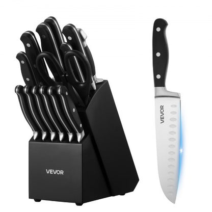 Kitchen Knife Set with Block and Sharpener, 15 Piece High Carbon Stainless Steel Sharp Knife Set, Kitchen Cutlery with Crack-Resistant Handle, Sharpening Rod and Wooden Block, for Home Cooks