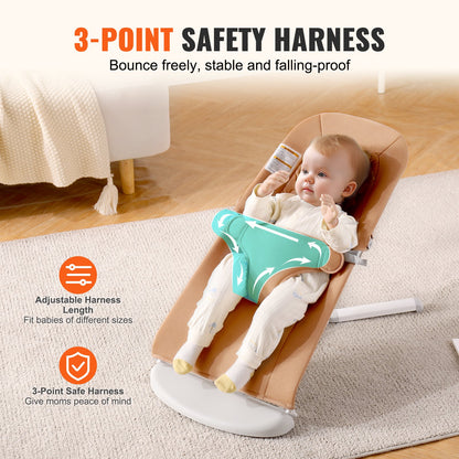 Baby Bouncer, Folding Bouncer Seat for Babies 0-9 Months, Newborn Bouncer Chair with 2 Reclining Angles & 3-Point Harness, Portable Infant Rocker with Carrying Bag for Indoors Outdoors, Camel
