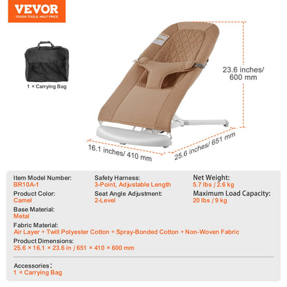 Baby Bouncer, Folding Bouncer Seat for Babies 0-9 Months, Newborn Bouncer Chair with 2 Reclining Angles & 3-Point Harness, Portable Infant Rocker with Carrying Bag for Indoors Outdoors, Camel