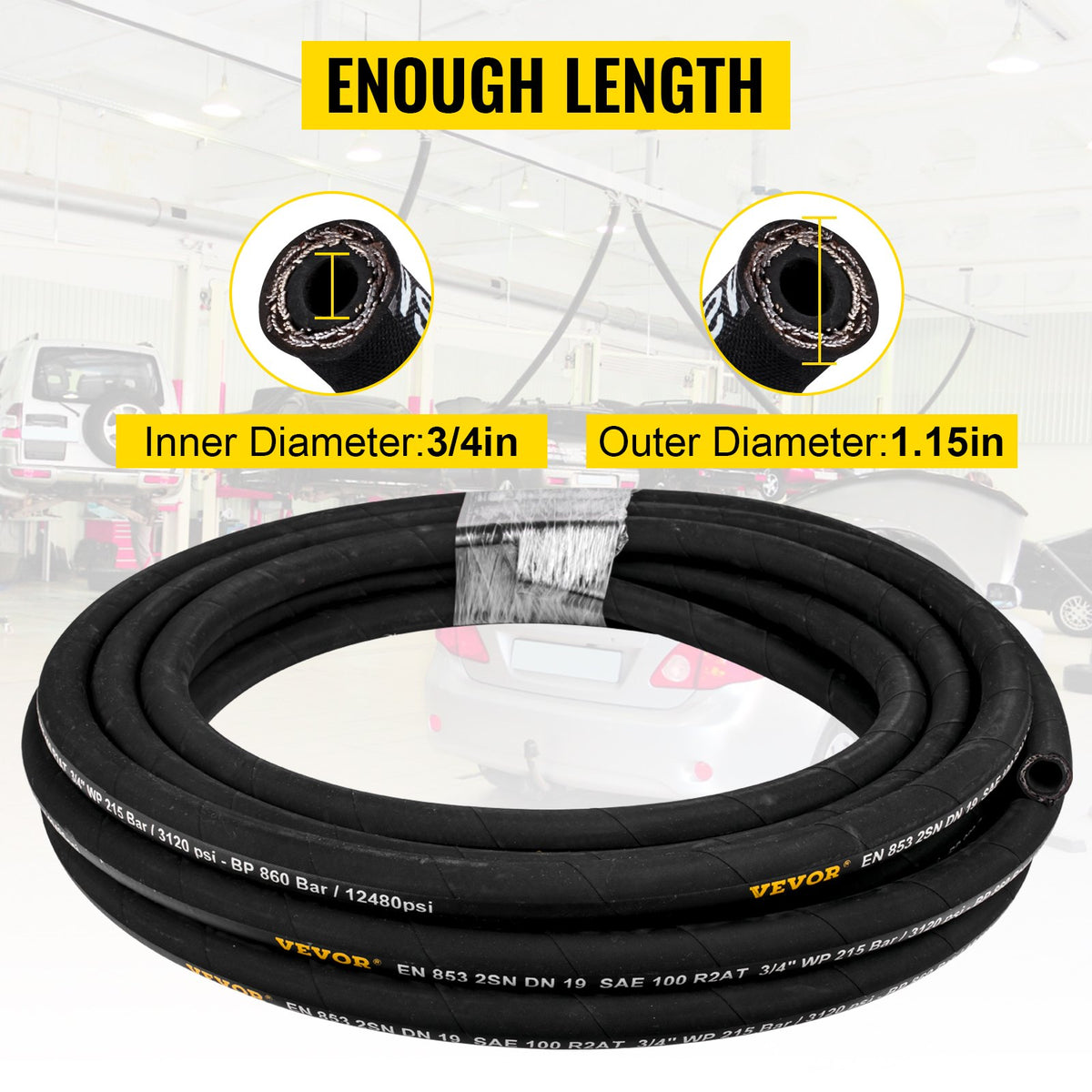 Hydraulslang 3/4 tum x 50 fot, Spiralformad hydraulslang 3120 PSI, Hydraulslang i gummi med 2 höghållfasta ståltrådsflätor, Hydraulslang i bulk -20℃ till 140℃, Flexibel hydraulslang för olja