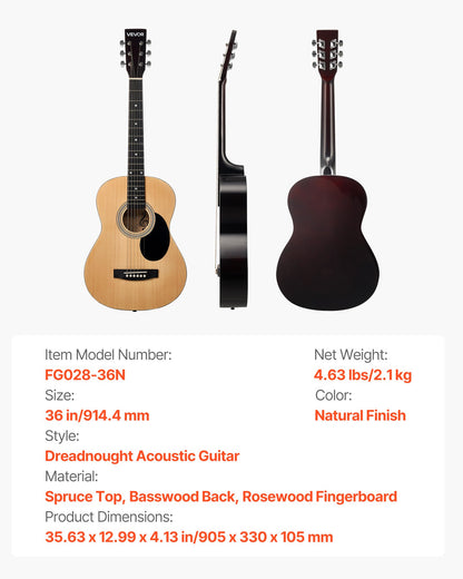 36 tum / 914,4 mm Dreadnought Akustisk Gitarr Natural Nybörjarpaket Gigbag för Tonåringar