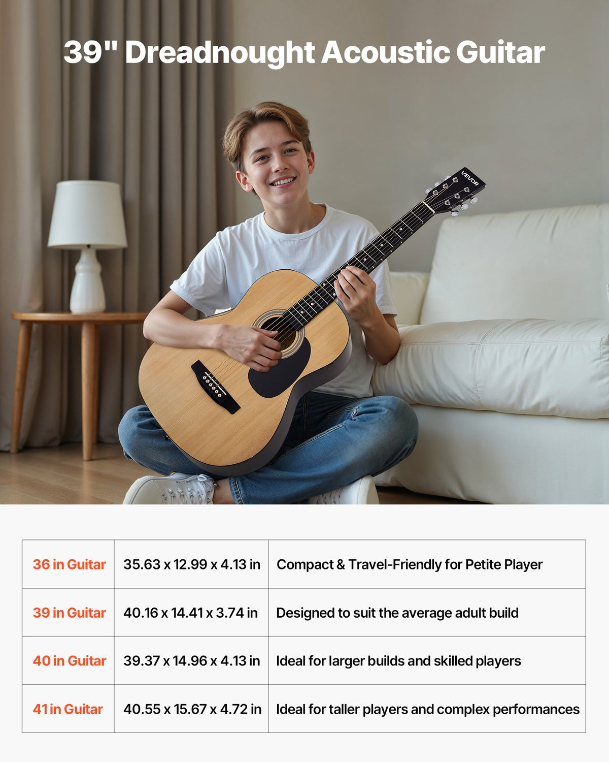 39 tum / 990,6 mm Dreadnought Akustisk Gitarr Natural Nybörjarpaket Gigbag Vuxen