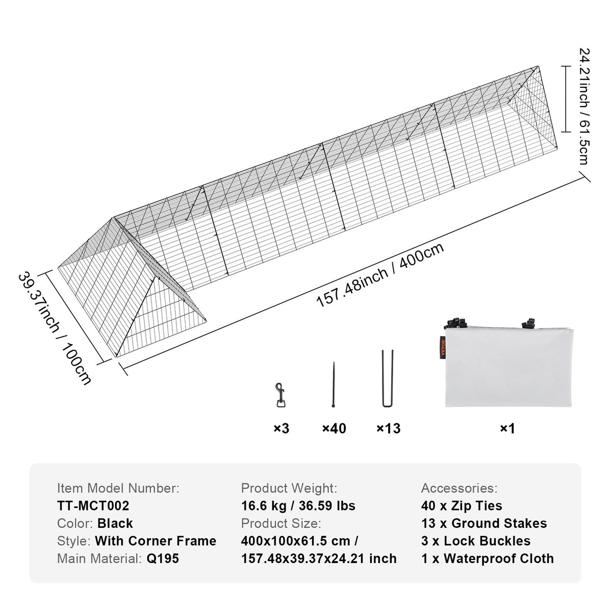 Chicken Tunnels, 157.5 x 39.4 x 24.2 inch(LxWxH) Chicken Tunnels for Yard, Portable Chicken Tunnels for Outside with Corner Frames, Chicken Coop Run, Suitable for Chickens, Ducks, Rabbits