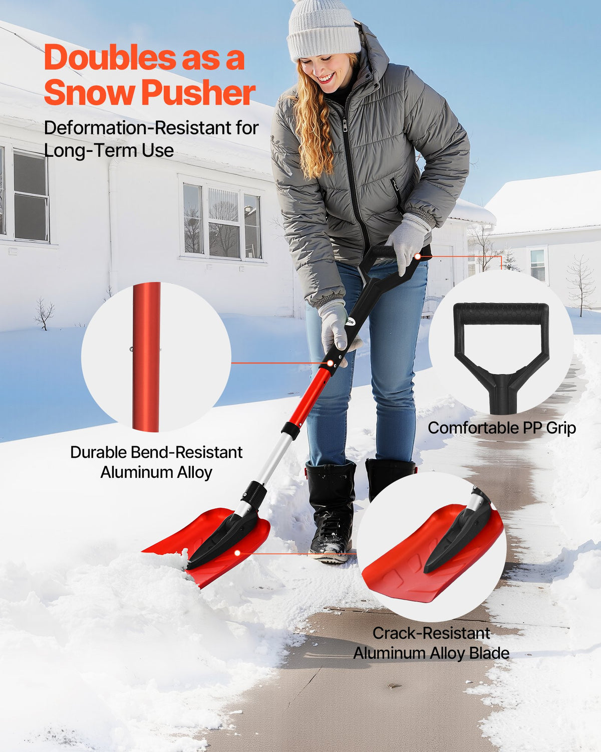 Snöskyffel för uppfart, 22 cm hopfällbar snöskyffel med D-format handtag, , 36-40 tum justerbar, lätt snöborttagningsverktyg i aluminiumlegering, minskar ryggspänningar för trädgård, bilcamping