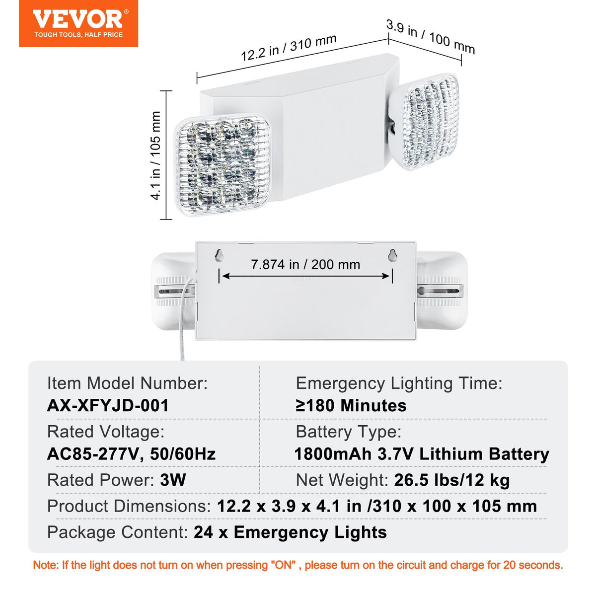 24 Pack Commercial Emergency Light, 3W, White LED Emergency Exit Lighting Fixtures with 180 Minutes Backup Battery Adjustable 2 LED Square Head, Ceiling or Wall Mount for Business Power Outages