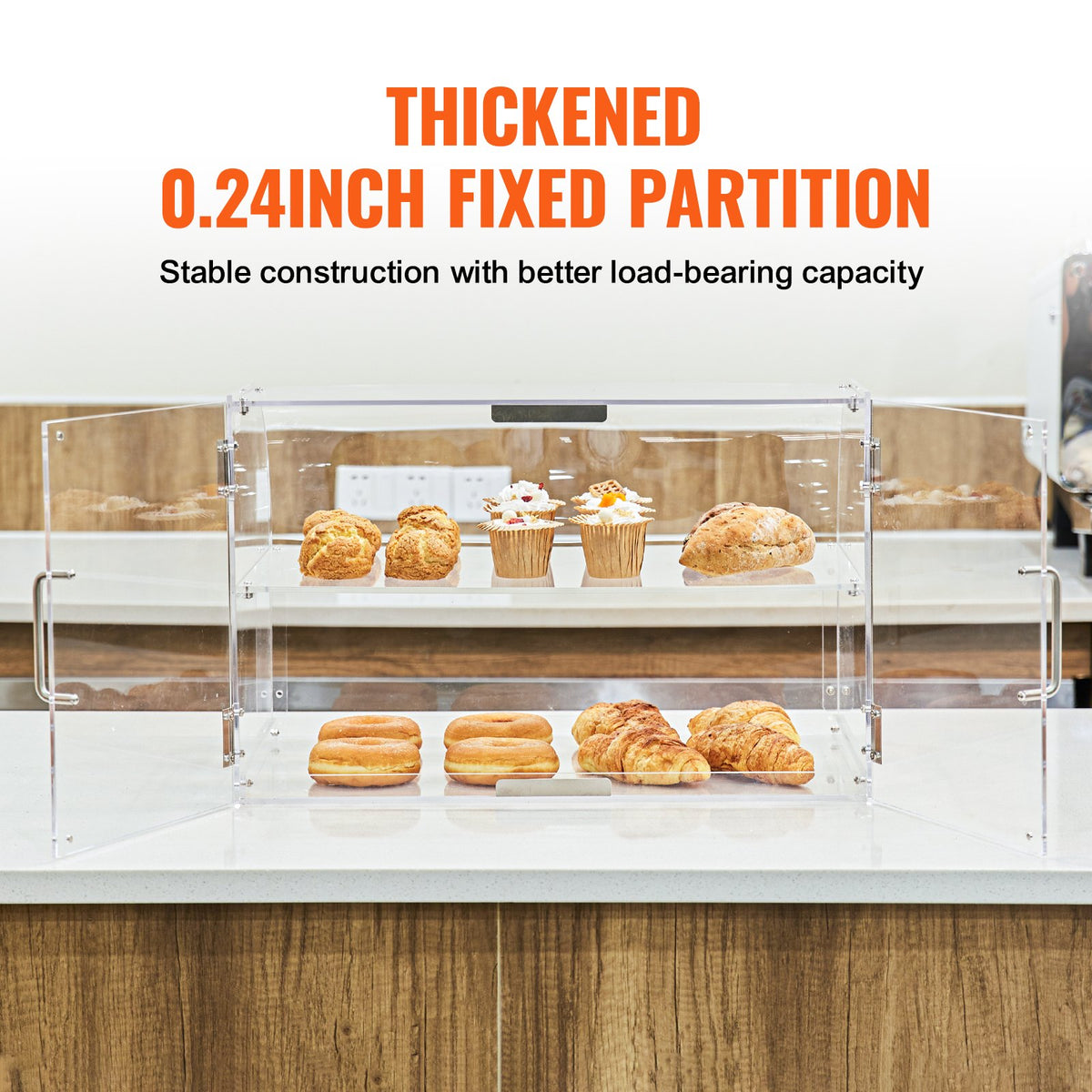 Bakverksdisplay, kommersiellt bageridisplay med 2 våningar för bänkskiva, akryldisplaylåda med bakdörr och avtagbara hyllor, håller färskheten för munkbagels, tårta och kaka, 56 x 36 x 36 cm