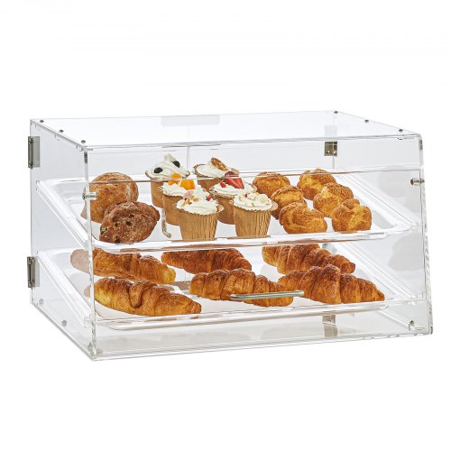 Bakverksdisplay, 2-våningars kommersiell bageridisplay för bänkskiva, akryldisplaylåda med bakdörr och avtagbara hyllor, håller färskheten för munkbagels, tårta och kaka, 52,6 x 33,5 x 30,2 cm