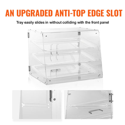 Pastry Display Case, 3-Tier Commercial Countertop Bakery Display Case, Acrylic Display Box with Rear Door Access & Removable Shelves, Keep Fresh for Donut Bagels Cake Cookie, 52.6 x 36.1 x 41.4 cm