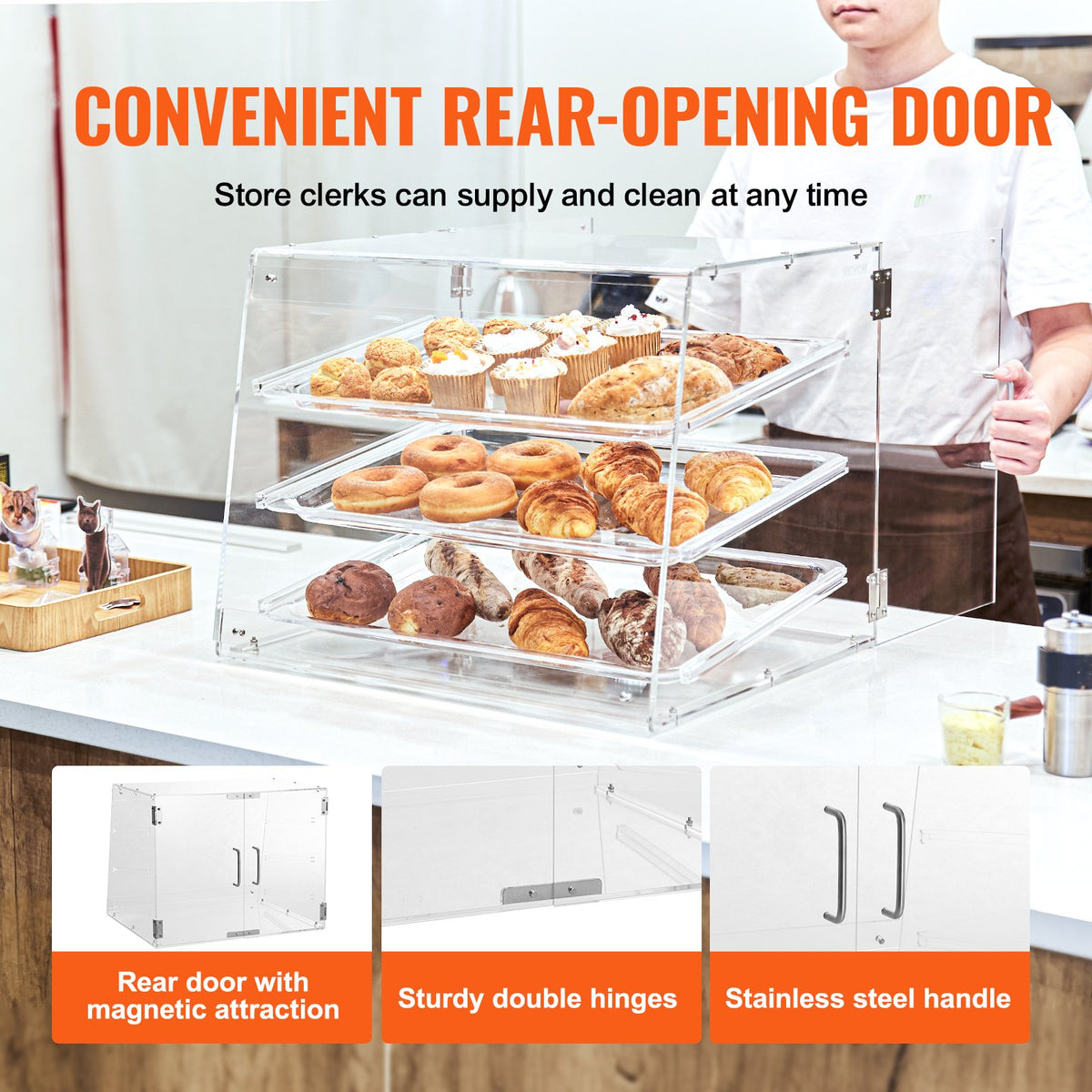 Pastry Display Case, 3-Tier Commercial Countertop Bakery Display Case, Acrylic Display Box with Rear Door Access & Removable Shelves, Keep Fresh for Donut Bagels Cake Cookie, 52.6 x 36.1 x 41.4 cm
