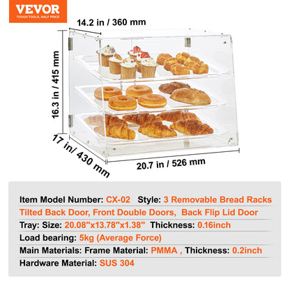 Pastry Display Case, 3-Tier Commercial Countertop Bakery Display Case, Acrylic Display Box with Rear Door Access & Removable Shelves, Keep Fresh for Donut Bagels Cake Cookie, 52.6 x 36.1 x 41.4 cm