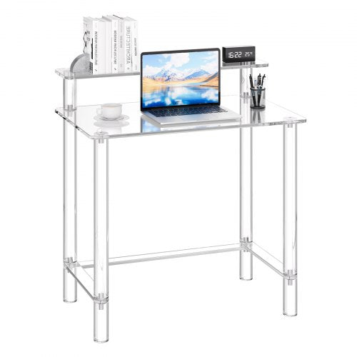 Akrylbord, 2 nivåer genomskinligt kontorsskrivbord med skärmstativ, akrylstudiedatorskrivbord, modernt sidobord nattduksbord för sovrum, kontor, arbetsrum, garderob, 50 x 80 x 88 cm (genomskinlig)