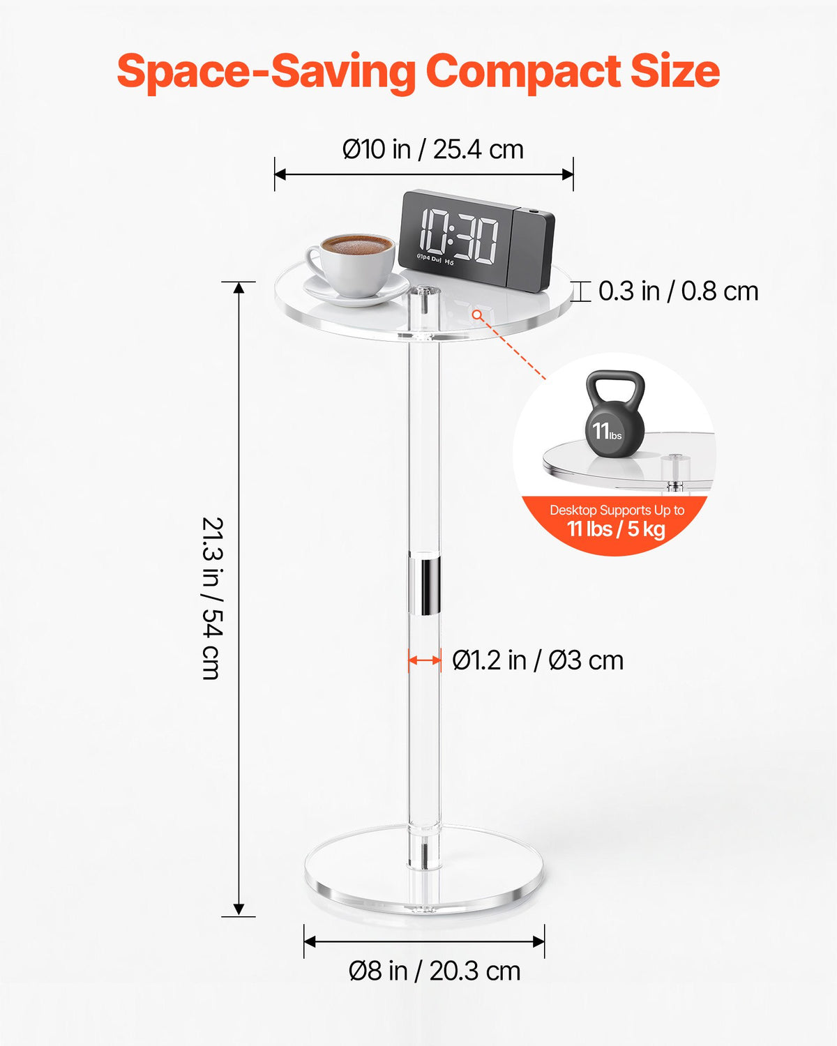 Akryl drinkbord, genomskinligt sidobord runt med solid stolpe, modernt akryl tårtbordsställ, genomskinligt sidobord för kaffe, dryck, mat, snacks, enkel montering, 25,4 x 25,4 x 54 cm (genomskinlig)