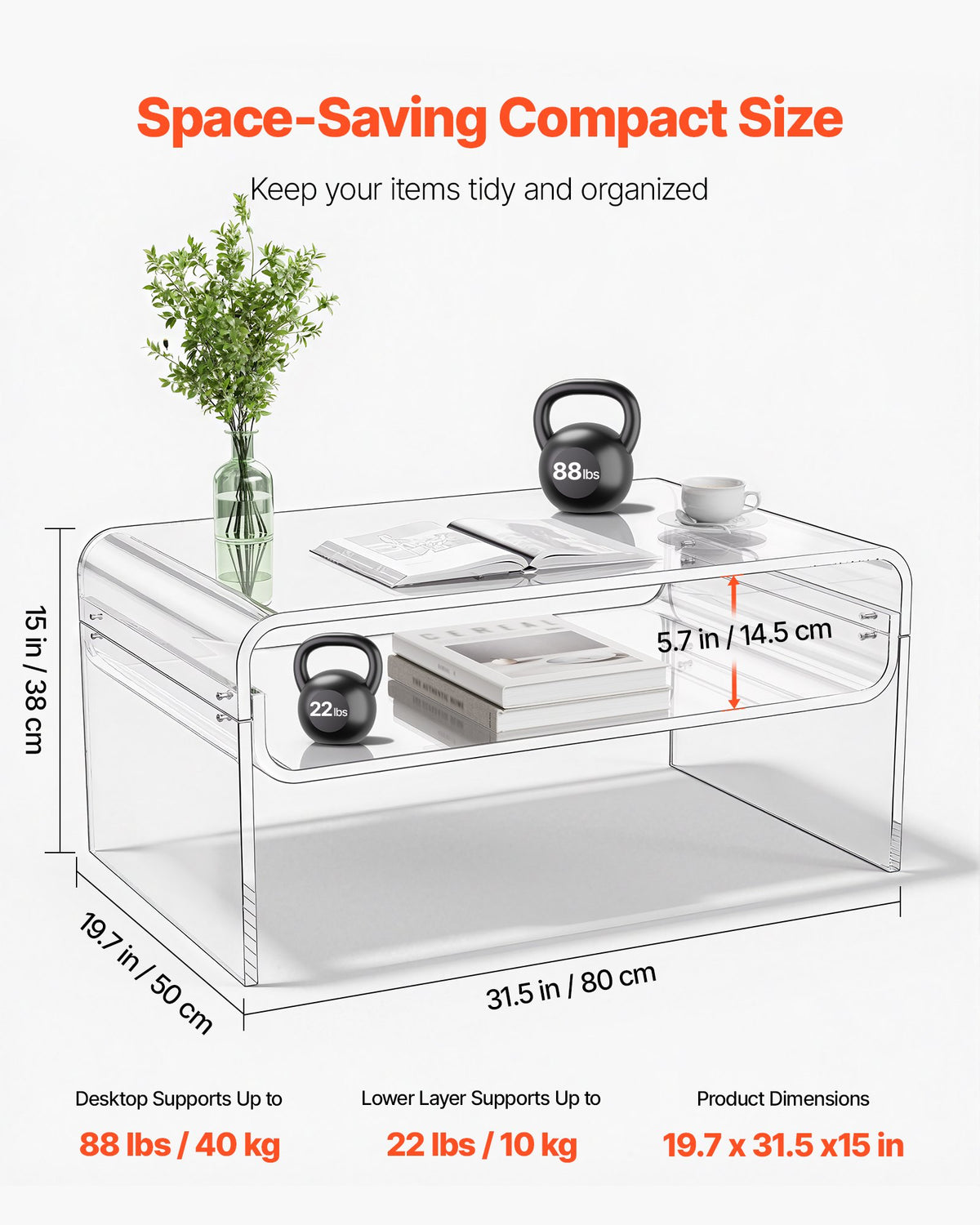 Soffbord i akryl, mittbord i två nivåer med förvaringshylla, modernt rektangulärt soffbord i akryl, perfekt för matsal, köksö, restaurang, kontor, 50 x 80 x 38 cm (transparent)