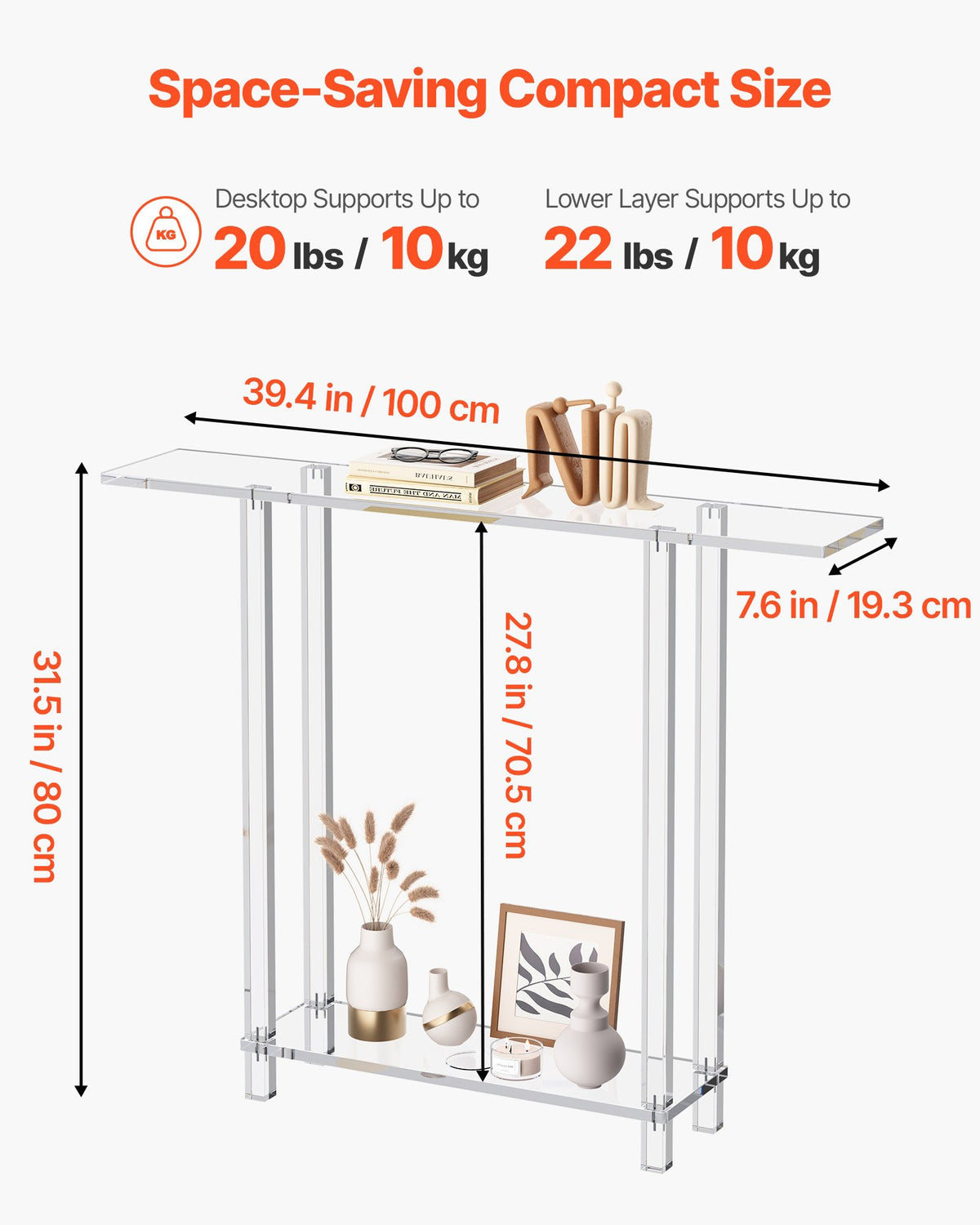 Akrylkonsolbord, 2 våningar smalt sidobord med öppen förvaring i botten, modernt rektangulärt sidobord i akryl, transparent entrébord för foajé, hall, vardagsrum, 19,3 x 100 x 80 cm (transparent)