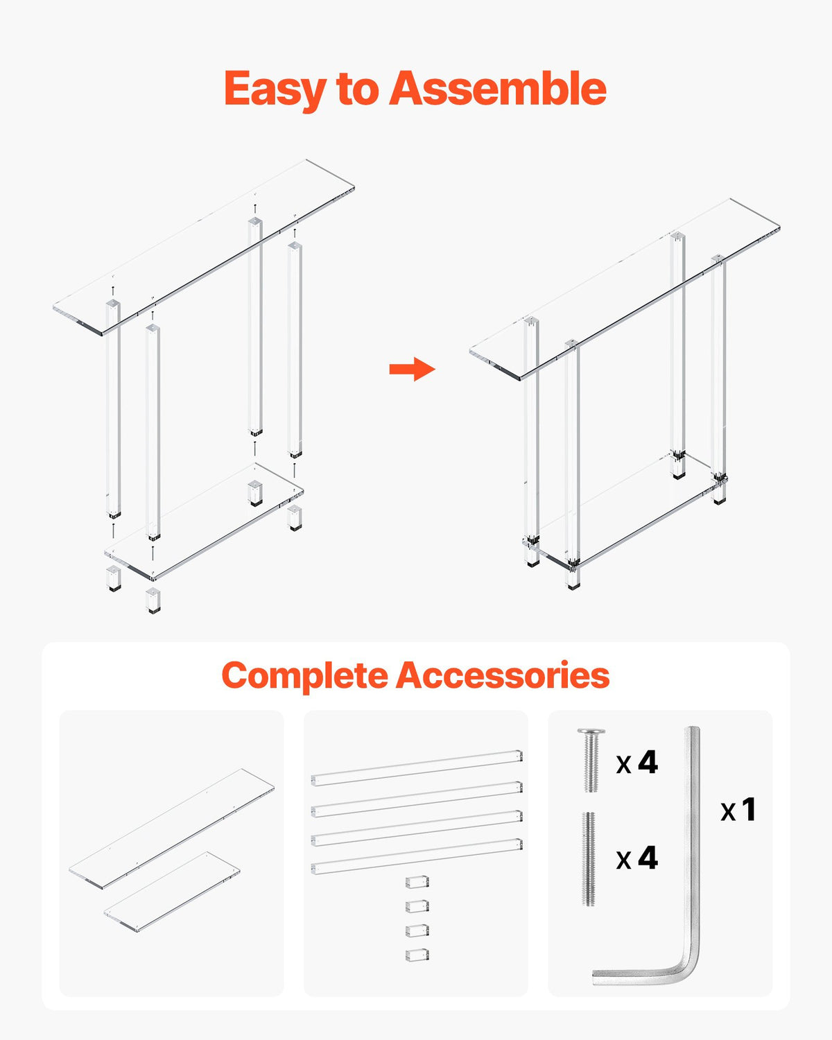 Akrylkonsolbord, 2 våningar smalt sidobord med öppen förvaring i botten, modernt rektangulärt sidobord i akryl, transparent entrébord för foajé, hall, vardagsrum, 19,3 x 100 x 80 cm (transparent)