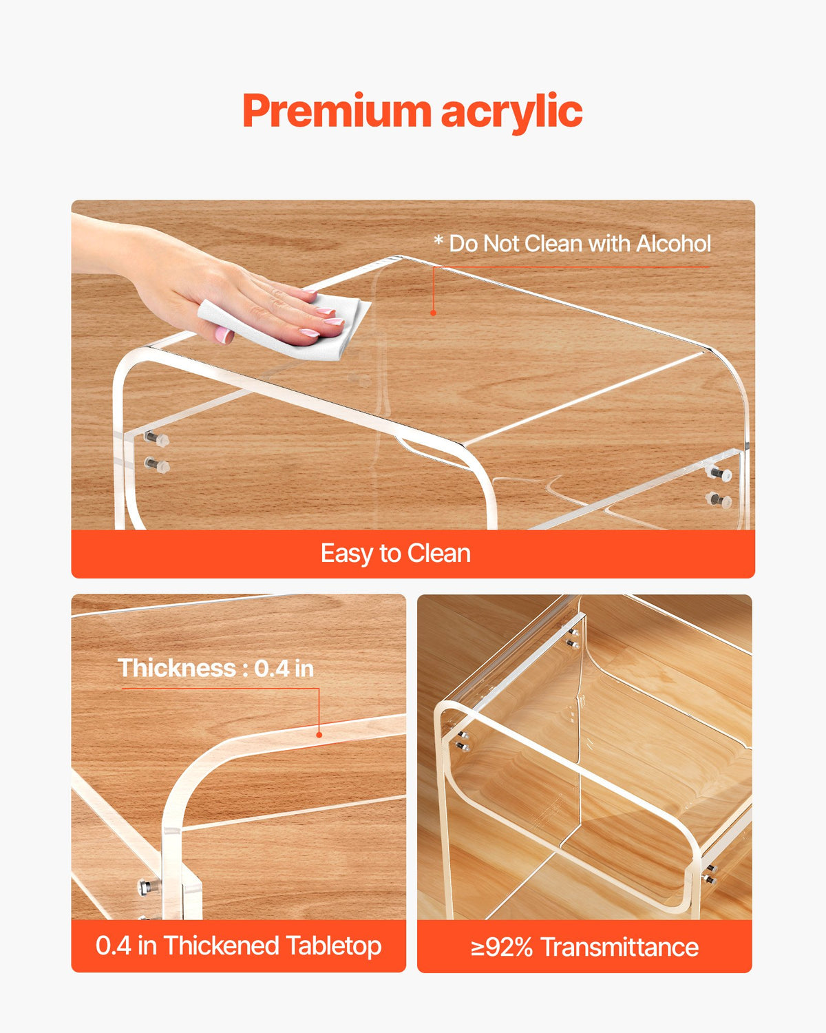 Akryl sidobord, 2 nivåer genomskinligt sängbord med förvaringshylla, modernt rektangulärt akryl sidoskrivbord, transparent tjockt nattduksbord för sovrum, vardagsrum, arbetsrum, 30 x 40 x 50 cm (genomskinlig)