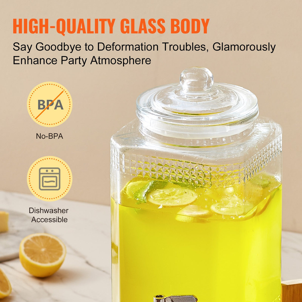 Dryckesdispenser, 1,5 gallon/5,5 l dryckesdispensrar för fester, juicedispenser i glas med stativ, kran i rostfritt stål, vattendispenser för iste, citronjuice, för restauranger, hotell, fester