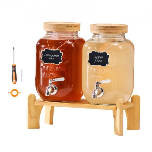 Dryckesdispenser, 2-pack 3,8L dryckesdispensrar för fester, Glasjuicedispenser med träställ, Tapp i rostfritt stål, Infuser, Iste- och citronvattendispensrar för fester