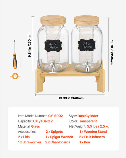 Dryckesdispenser, 2-pack 3,8L dryckesdispensrar för fester, Glasjuicedispenser med träställ, Tapp i rostfritt stål, Infuser, Iste- och citronvattendispensrar för fester