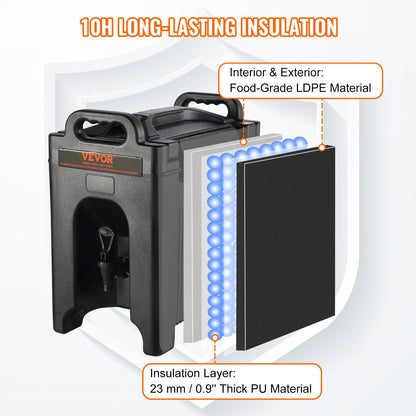 Isolerad dryckesdispenser, 9,5 l, livsmedelsklassad LDPE-servering för varma och kalla drycker, termisk dryckesdispenserkylare med 2,3 cm PU-lager, tvåstegs kranhandtag, för restaurang, dryckesbutik