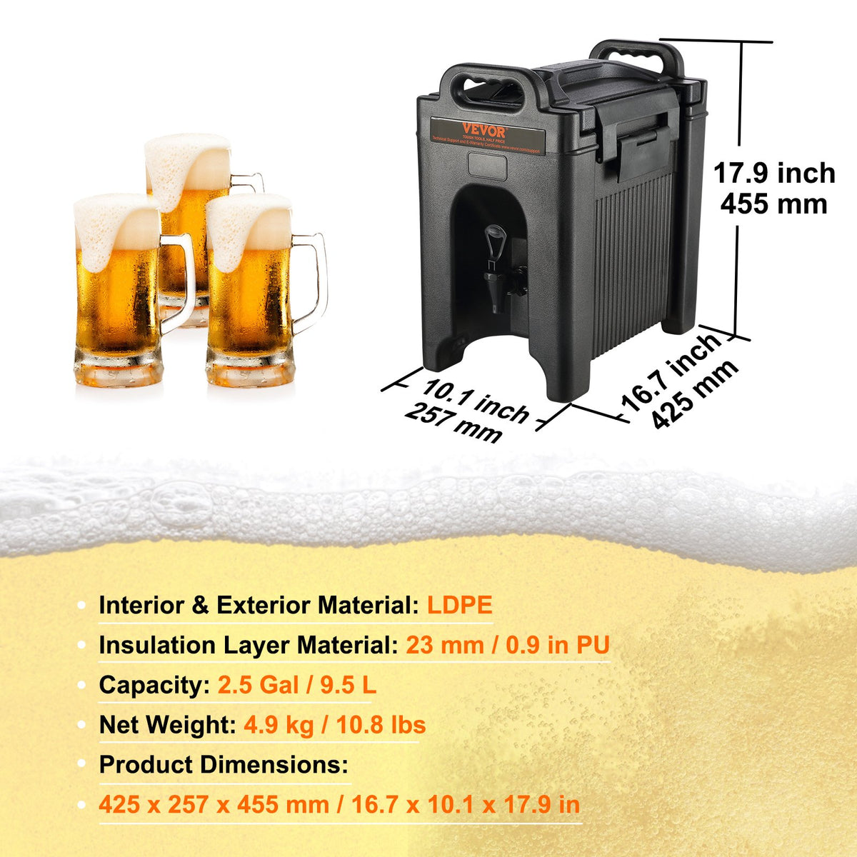 Isolerad dryckesdispenser, 9,5 l, livsmedelsklassad LDPE-servering för varma och kalla drycker, termisk dryckesdispenserkylare med 2,3 cm PU-lager, tvåstegs kranhandtag, för restaurang, dryckesbutik