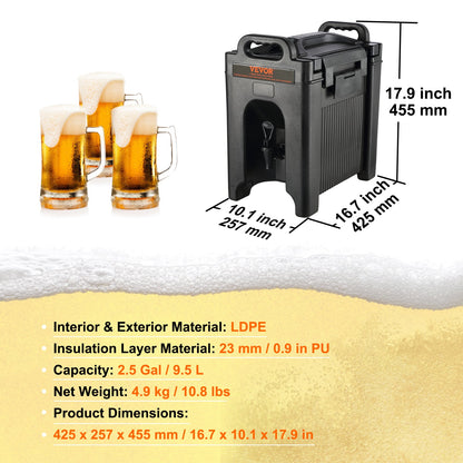 Isolerad dryckesdispenser, 9,5 l, livsmedelsklassad LDPE-servering för varma och kalla drycker, termisk dryckesdispenserkylare med 2,3 cm PU-lager, tvåstegs kranhandtag, för restaurang, dryckesbutik
