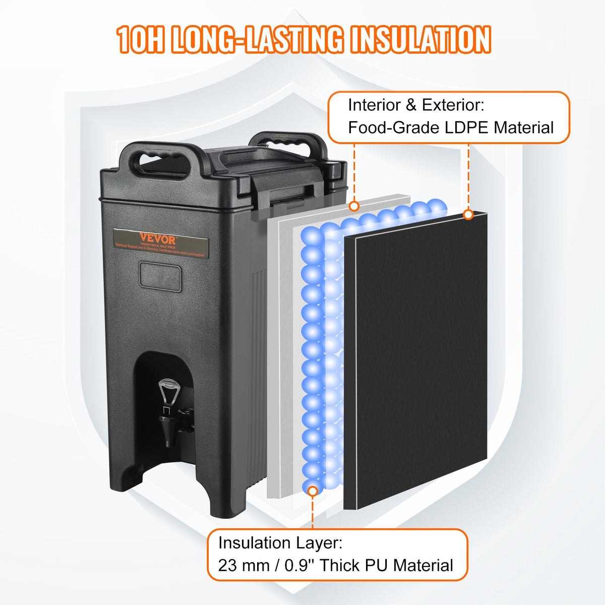 Isolerad dryckesdispenser, 18,9 l, livsmedelsklassad LDPE-servering för varma och kalla drycker, termisk dryckesdispenserkylare med 2,3 cm PU-lager, tvåstegs kranhandtag, för restaurang, dryckesbutik
