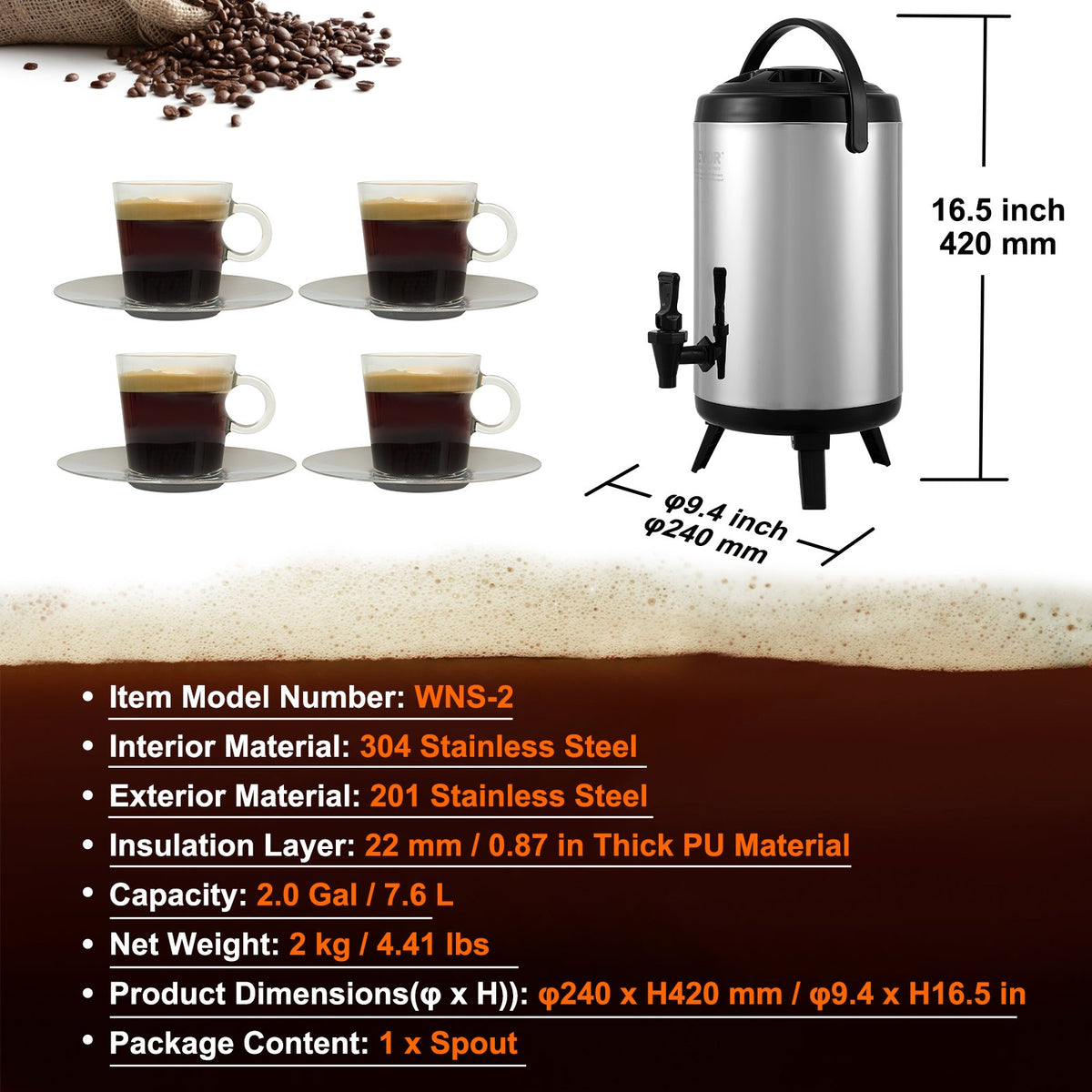 Isolerad dryckesdispenser i rostfritt stål, 7,6 liter, termisk dispenser för varma och kalla drycker med tapphandtag, livsmedelsklassad för varmt te, kaffe, vatten, restaurang, dryckesbutik
