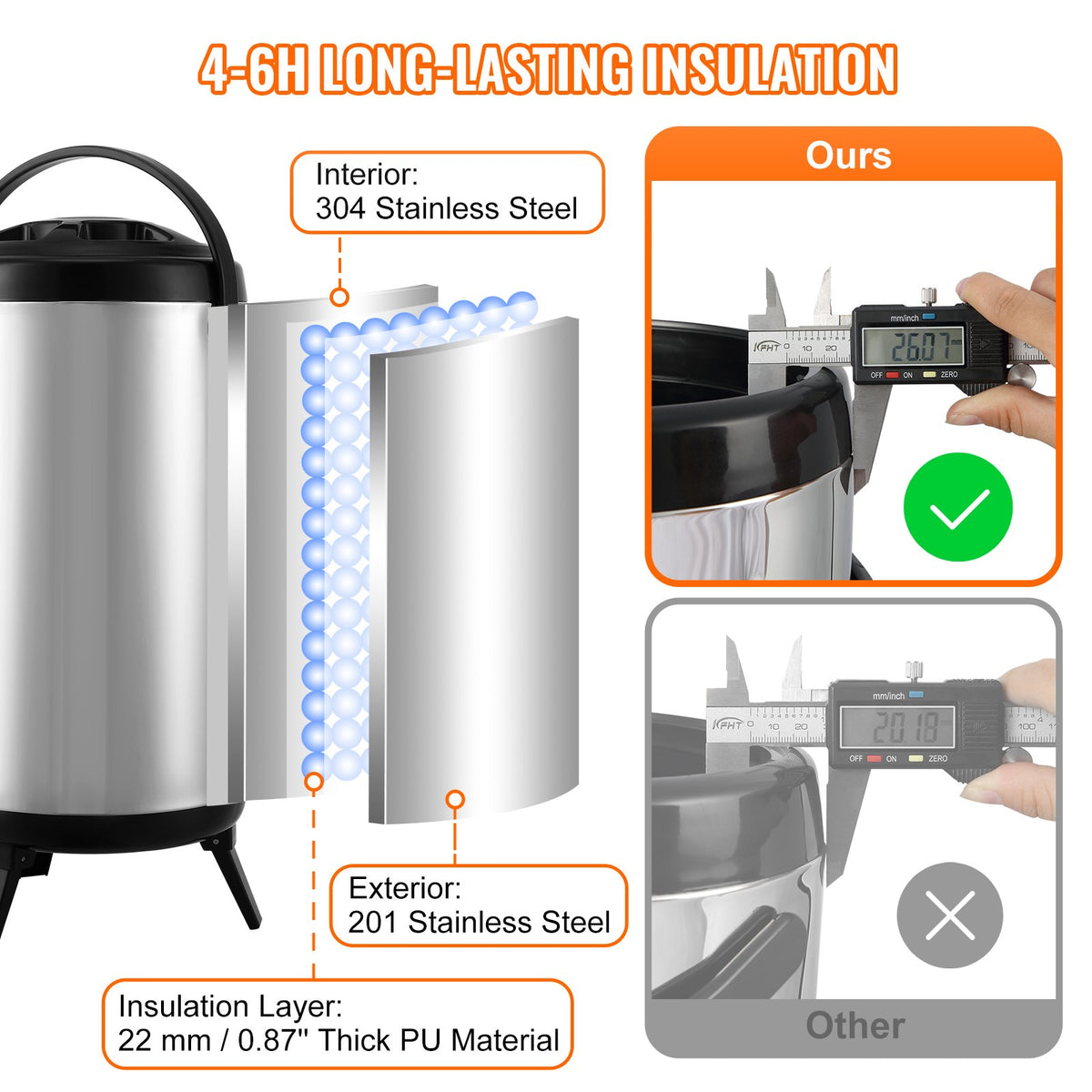 Isolerad dryckesdispenser i rostfritt stål, 2,4 gallon 9,2 liter, termisk serveringsbehållare för varma och kalla drycker med tapphandtag, livsmedelsklassad för varmt te, kaffe, vatten, restaurang, dryckesbutik