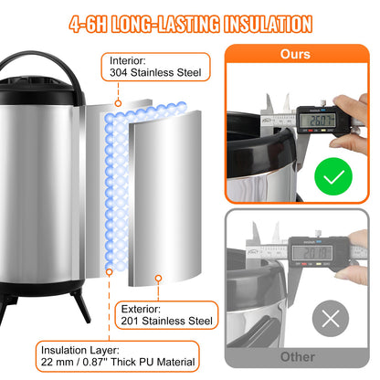 Isolerad dryckesdispenser i rostfritt stål, 2,4 gallon 9,2 liter, termisk serveringsbehållare för varma och kalla drycker med tapphandtag, livsmedelsklassad för varmt te, kaffe, vatten, restaurang, dryckesbutik