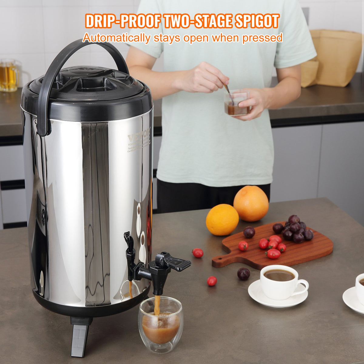 Isolerad dryckesdispenser i rostfritt stål, 2,4 gallon 9,2 liter, termisk serveringsbehållare för varma och kalla drycker med tapphandtag, livsmedelsklassad för varmt te, kaffe, vatten, restaurang, dryckesbutik