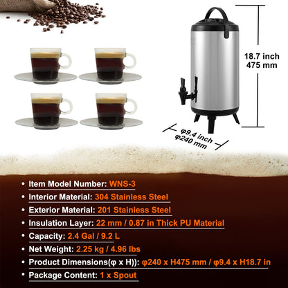 Isolerad dryckesdispenser i rostfritt stål, 2,4 gallon 9,2 liter, termisk serveringsbehållare för varma och kalla drycker med tapphandtag, livsmedelsklassad för varmt te, kaffe, vatten, restaurang, dryckesbutik