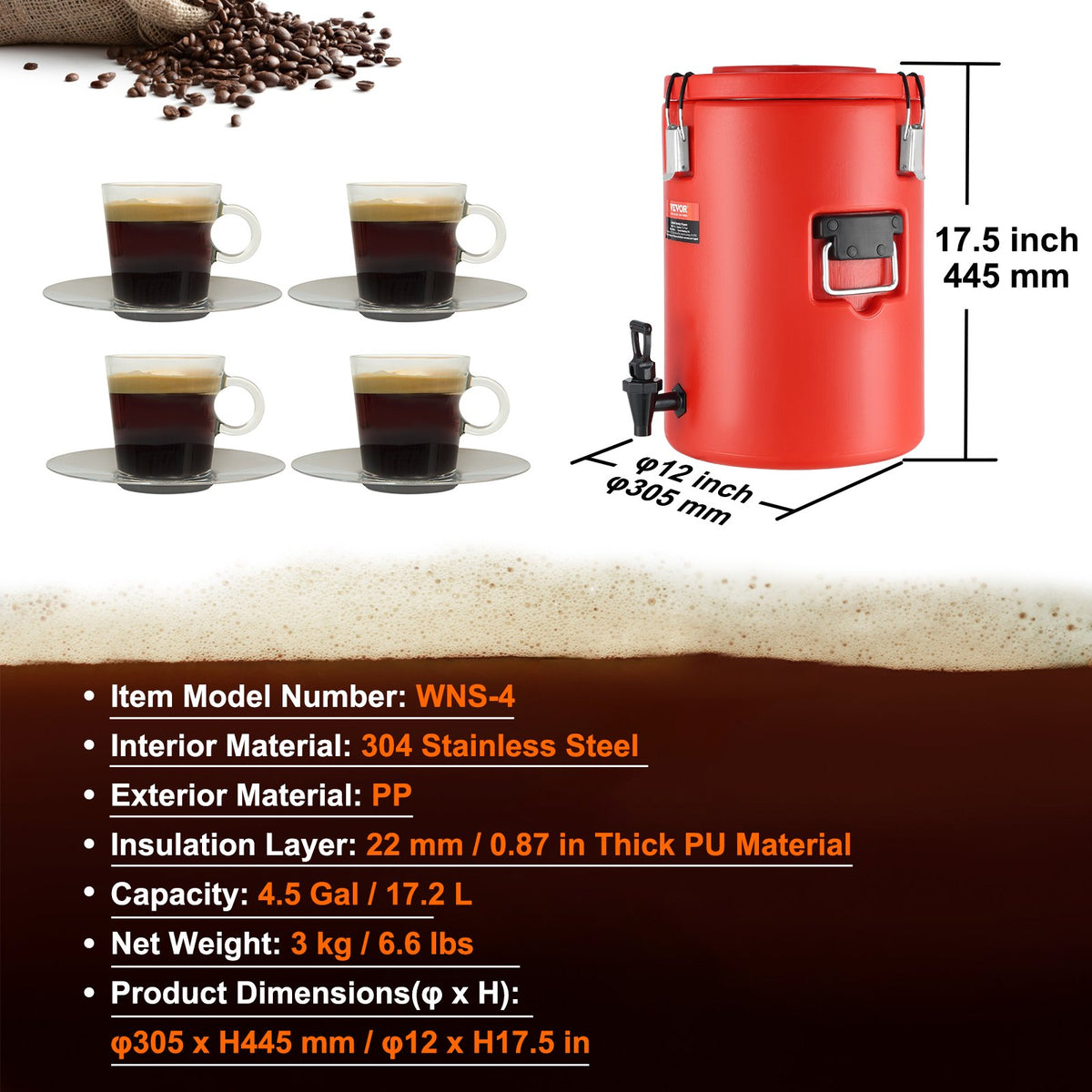 Isolerad dryckesdispenser i rostfritt stål, 4,5 gallon 17,2 liter, termisk serveringsbehållare för varma och kalla drycker med tapphandtag, livsmedelsklassad för varmt te, kaffe, vatten, restaurang, dryckesbutik