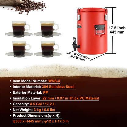 Isolerad dryckesdispenser i rostfritt stål, 4,5 gallon 17,2 liter, termisk serveringsbehållare för varma och kalla drycker med tapphandtag, livsmedelsklassad för varmt te, kaffe, vatten, restaurang, dryckesbutik
